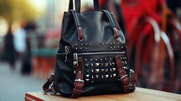 Closeup of a stylish leather backpack adorned with cool hardware, adding an edgy touch to a fashionforward ensemble. photo