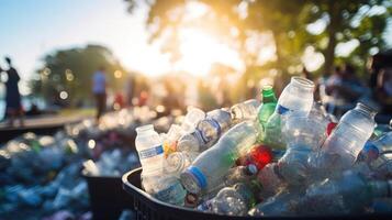 Closeup of an overflowing trash bin filled with empty water bottles, representing the importance of sustainability and staying hydrated at a festival. photo