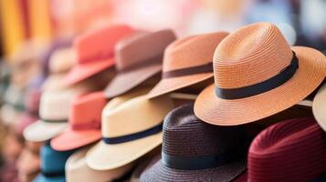 Detailed view of a wall full of trendy hats and headpieces in various styles and materials. photo