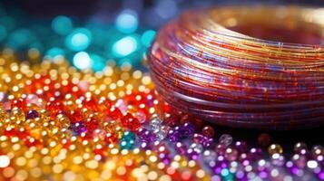 Macro image of tiny seed beads being carefully strung and woven into a beaded necklace. photo