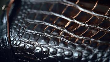 Up close shot of a luxurious crocodile skin handbag, highlighting the unique texture and highend material. photo