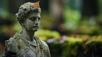 Closeup of a chipped and worn statue, representing a revered figure from the sites history. photo