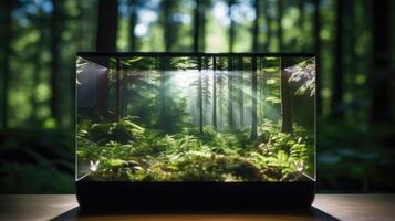 Closeup of a computer screen displaying a virtual reality simulation of a peaceful forest. photo