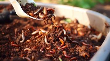 Closeup of tiny insects, like worms and beetles, working hard to break down food ss in a compost pile. photo