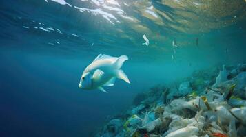 Closeup of a fish surrounded by plastic debris in the ocean, a reminder of how plastic pollution affects all forms of marine life. photo