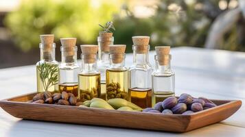 Top view of a variety of natural oils, including jojoba, argan, and almond, arranged in small glass bottles on a rustic wooden tray. photo