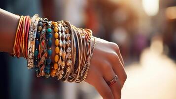 Macro shot of a stack of layered bracelets and a chunky wrisch on the arm of a stylish person walking down the busy fashion street. photo