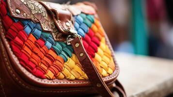 Closeup of handstitched details on a unique statement handbag made from upcycled materials. photo