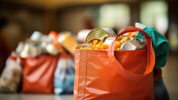Closeup of a bag filled with canned goods, highlighting the act of volunteering at a food drive or stocking a local food pantry. photo