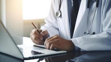 Up close view of a physicians hand using a stylus on a tablet to write notes and instructions for a virtual patient visit. photo