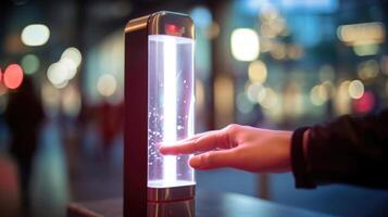 Extreme closeup of an automatic hand sanitizer dispenser, promoting hygiene in public spaces through tech integration. photo