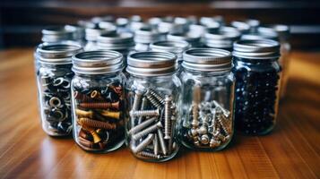 Closeup of a mason jar filled with various sizes of reused screws, bolts, and nails, ready for a home repair or DIY project. photo