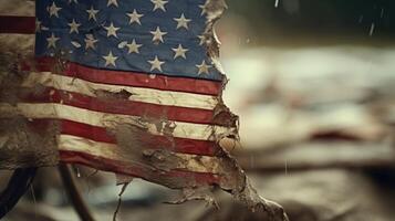 Closeup of a tattered and torn flag, serving as a reminder of the sites historical significance. photo