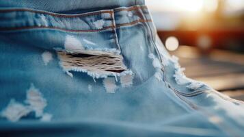 Zoomedin view of a pair of ripped light wash jeans, showcasing their distressed details and frayed hems. photo