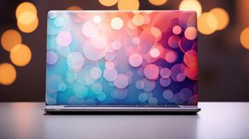 Closeup of an intricately designed, custommade laptop skin featuring vibrant colors and personalized initials. photo