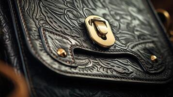Macro view of a richly textured leather handbag, with a sophisticated embossed design and elegant gold accents. photo