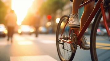Closeup of a cyclists leg pumping as they navigate through busy city traffic, determined to arrive at their destination in an ecofriendly way. photo