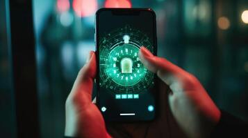 Detailed closeup of a hand entering a passcode on a phone, reminding teens to protect their privacy and security online. photo