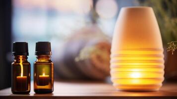 Closeup of a jar of essential oils and a diffuser, highlighting the use of aromatherapy for relaxation and stress relief in the pursuit of holistic wellness. photo