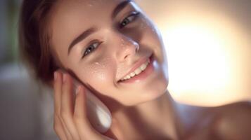 Closeup of a teenager using a gentle exfoliator to remove dead skin cells, revealing a brighter and smoother complexion. photo
