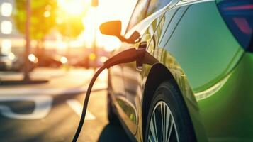 Closeup of a modern electric car plugged into a charging station, with a solar panel array in the background. photo