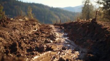A closeup of a mudslide, a result of heavier precipitation and weakened soil caused by climate change. photo