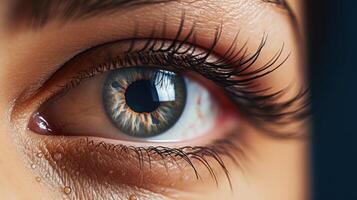 Closeup of a single tear falling from an eye, depicting the internal struggles and pain of mental health. photo