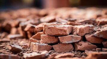 Up close view of a brick made from compressed earth, displaying its unique color and composition. photo