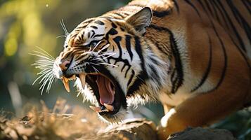 Detailed view of a snarling tiger, highlighting the fierce beauty of these endangered animals and the need for conservation efforts. photo