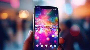 Closeup of a smartphone screen showcasing the latest music streaming app with vibrant graphics and trending artists, showcasing the growing dependence on technology for accessing music. photo