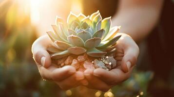 Closeup of a persons hands gently holding and admiring a succulent plant, signifying the calming and grounding effects of connecting with nature on mental health. photo