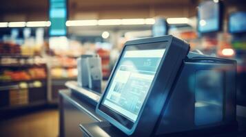 Macro shot of a grocery store selfcheckout machine, showcasing the convenience of AI in customer service. photo