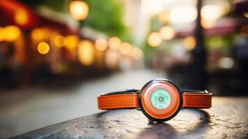 Closeup of a wearable GPS tracker for location sharing and emergency alerts. photo
