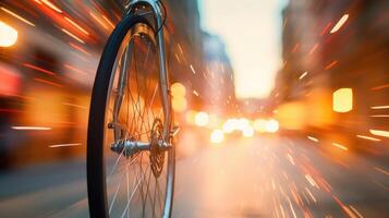 Closeup of a bicycle wheel spinning in motion, with reflections of the bustling cityscape in the handlebars. photo