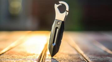 Closeup of a selfdefense keychain tool with sharp edges and loud alarm. photo