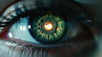 Extreme closeup of a patients eye as they undergo a retinal scan, utilizing advanced technology for early disease detection. photo