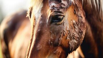 Detailed image of a rescued horses scarred and healed skin, a reminder of the importance of animal welfare. photo