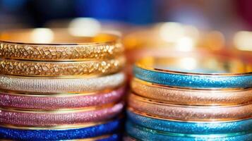 Closeup of a stack of bangles, each with its own unique design and texture, perfect for mixing and matching. photo