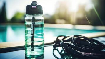 Closeup of a water bottle with a builtin hydration tracker, next to a set of resistance bands. photo