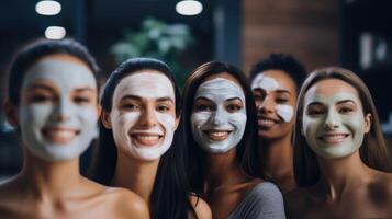 Closeup of a diverse group of people using different face masks, each targeting specific skin concerns such as hydration, brightening, or antiaging. photo