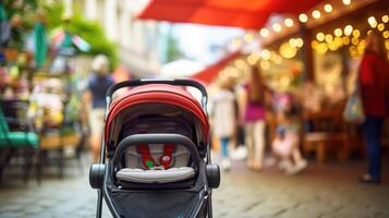 Closeup of a modern stroller with builtin tracking and navigation system, allowing parents to easily monitor their childs location. photo