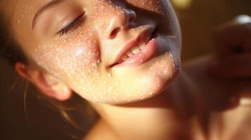 Closeup of a teenager exfoliating their skin with a gentle scrub, removing dead skin cells and revealing a glowing complexion. photo