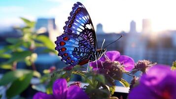 Closeup of a vibrant purple erfly perched on a lush green leaf in a rooftop garden, mirroring the colorful urban landscape below. photo