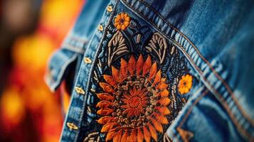 Closeup of a handmade, intricately embroidered patch on a denim jacket, emphasizing the value of upcycled clothing. photo