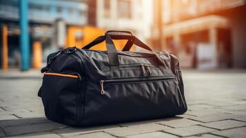 Closeup of a durable and spacious duffle bag with multiple compartments and reinforced handles for easy transport. photo