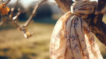 Detailed shot of a patterned silk scarf, tied in a chic knot and dd over a tree branch in a picturesque orchard. photo