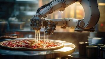 Detailed shot of a robot arm assembling a pizza with precision and efficiency, utilizing advanced AI algorithms for the perfect pie. photo