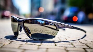 Closeup of a pair of reflective sunglasses with a wraparound design and polarized lenses for optimal performance in any light. photo