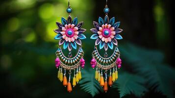 Detailed closeup of a pair of statement earrings, made with intricate beadwork and displayed on a vibrant flower petal in a garden. photo