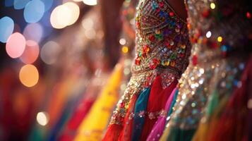 Closeup of intricate and colorful costumes worn by dancers at a cultural dance performance. photo
